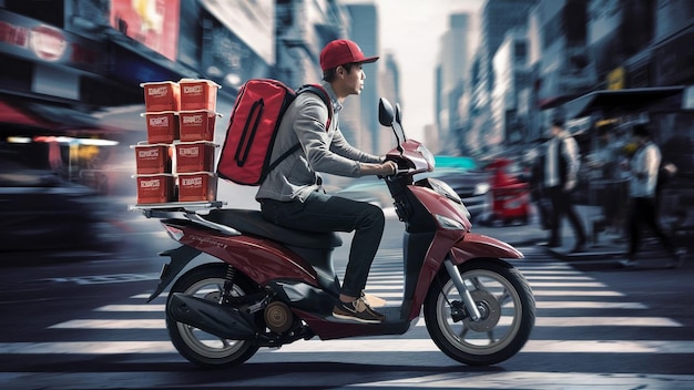 a man riding a scooter with a red backpack on his head and a red hat on the back