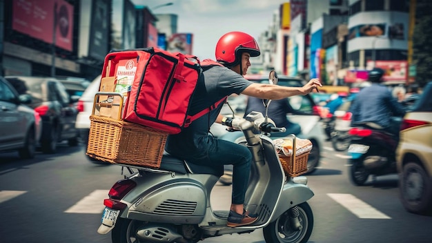 a man riding a scooter with a red bag on the back