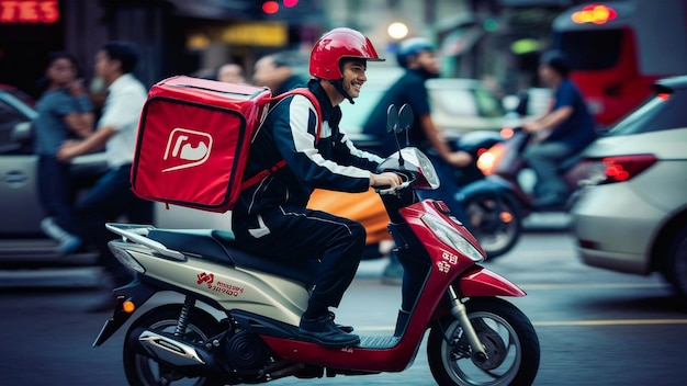 a man riding a scooter with a red bag on the back