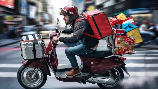 a man riding a scooter with a red bag on the back