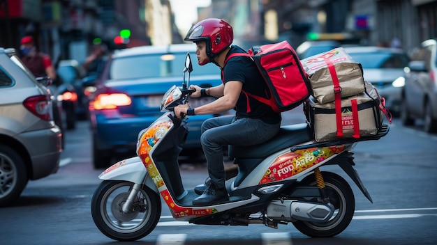 a man riding a scooter with a red helmet on