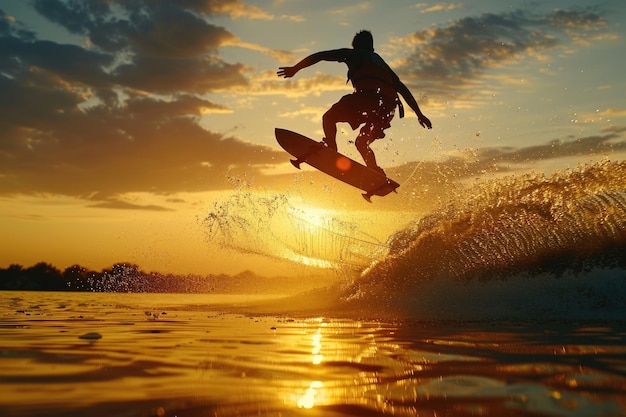 A man riding a surfboard on top of a wave Ideal for sports and leisure concepts