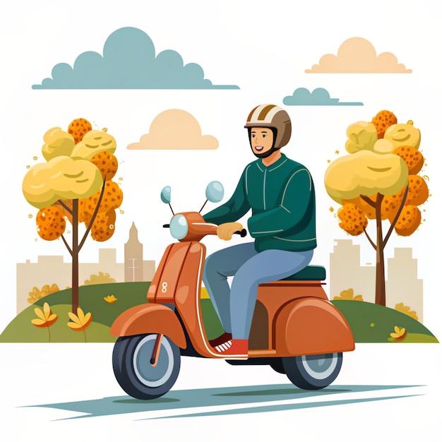 Photo man riding vespa scooter vector icon illustration scooter and helmet autumn icon concept white isolated flat cartoon style suitable for web landing page banner sticker background