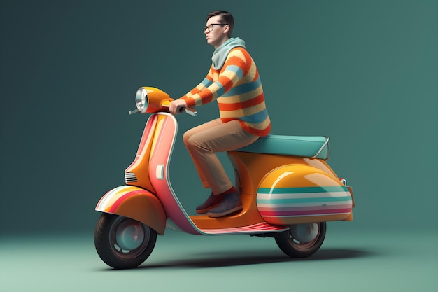 A man riding a vespa with a colorful striped sweater.