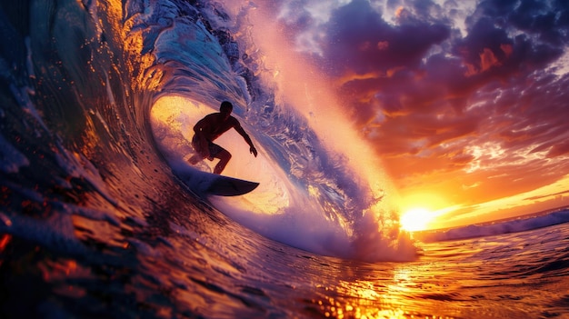 a man riding a wave on a surfboard in the sunset