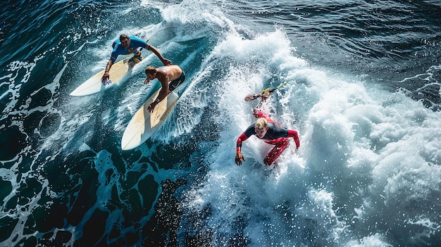 Photo a man riding a wave on a surfboard with a man on the surfboard