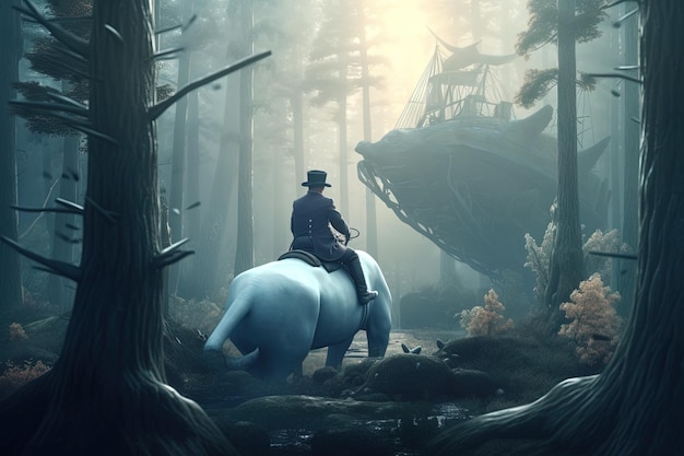 Man riding a white creature horse in the myst forest illustration generative ai