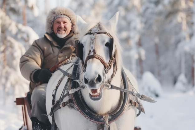 Photo man riding a white horse through a snowy forest landscape