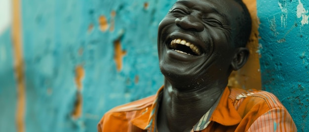 Man roaring with laughter against a vibrant textured wall in bright daylight