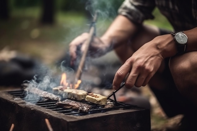 a man roasts a barbecue in nature an unrecognizable person closeup selective focus