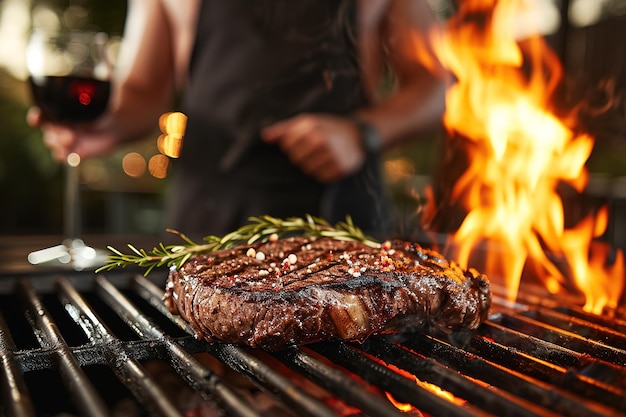 A man roasts a rib eye steak on a grill fire and drinks red wine