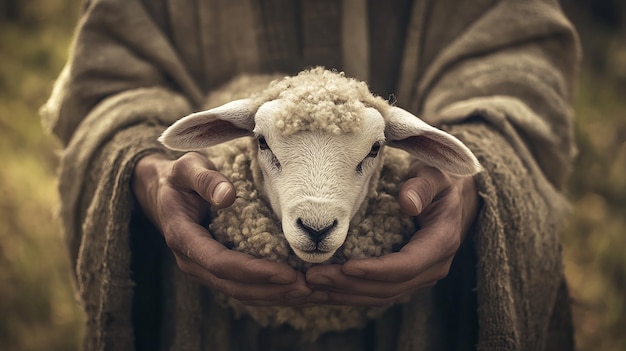 Photo a man in a robe gently holds a small white lamb in his arms