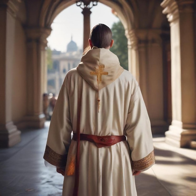 Photo a man in a robe stands in a building with a cross on the back