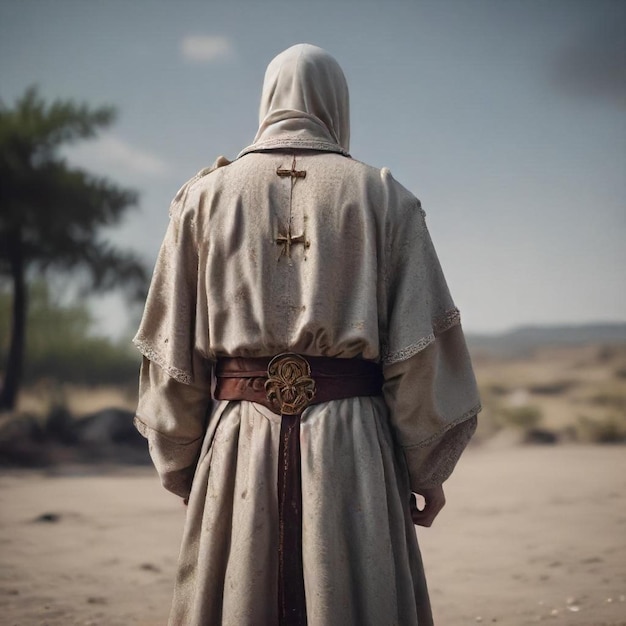 a man in a robe stands in front of a tree