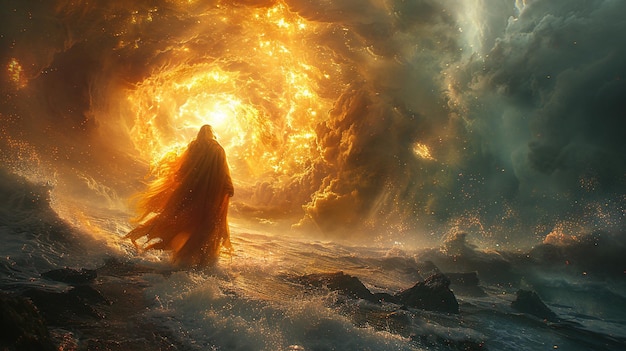 a man in a robe stands in the ocean with the sun rising behind him