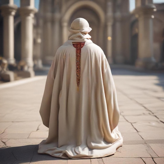 a man in a robe stands on a sidewalk in front of an ancient building