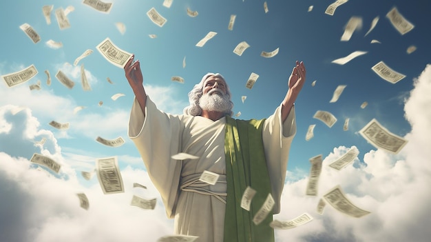 A man in a robe with a bunch of money in the air