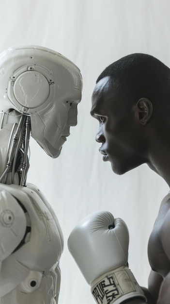 Photo a man and a robot in a boxing match make eye contact