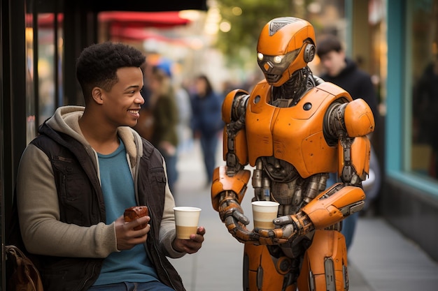 a man and robot friend are in a smart city friendship between man and machine Generative AI