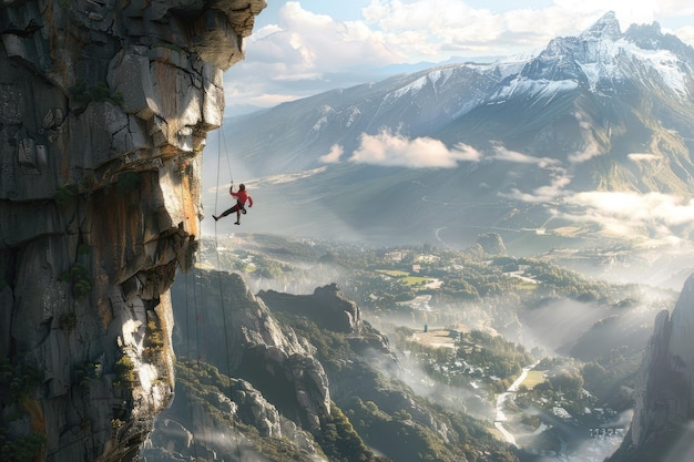 Photo man rock climbing in breathtaking mountain landscape