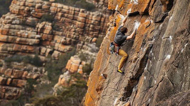 Photo a man rock climbing on a steep cliff face the rock is orange and black and the man is wearing a blue shirt and black pants