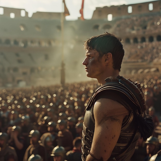 A man in a Roman costume stands in front of a crowd The man is wearing a helmet and a shield The c