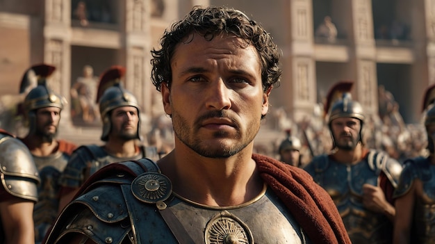 A man in a Roman costume stands in front of a crowd of people