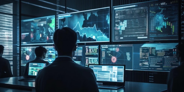 A man in a room with computer monitors and a chart showing data.