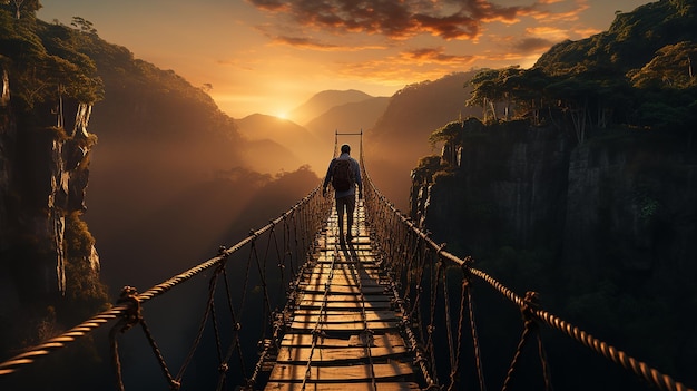 Man Rope Passing Over A Bridge Suspended Between Mountains This Is A 3d Render Illustration