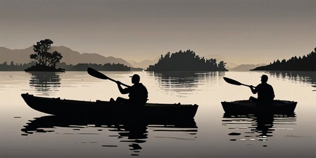 Photo a man rowing a canoe on a lake with a sunset in the background