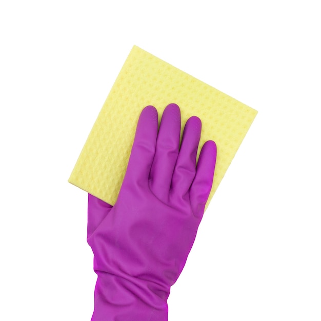 Man in rubber gloves holds a yellow rag on a white background Isolated