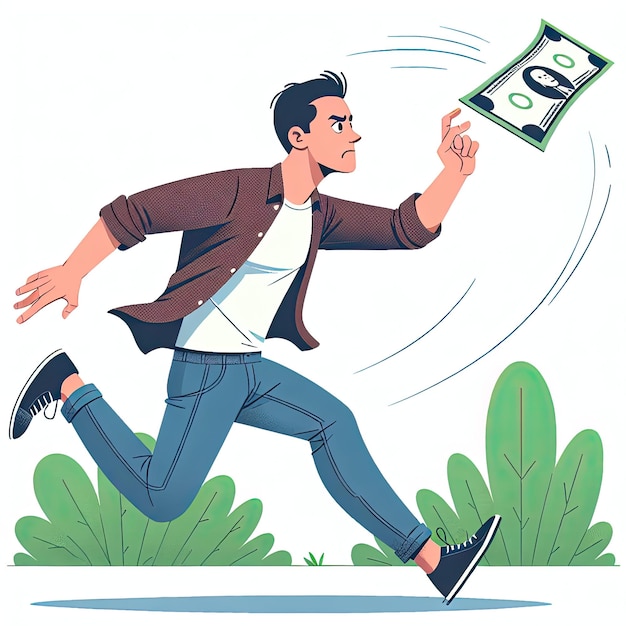 Man running after flying dollars with Cartoon businessman running after flying money bills