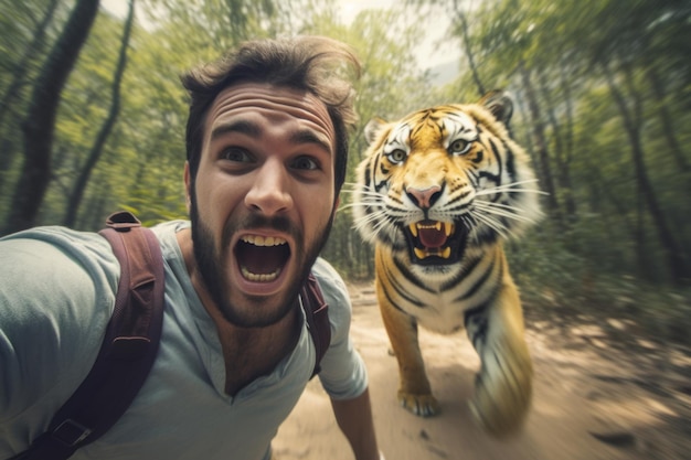 Man running away from scary tiger in nature generative ai