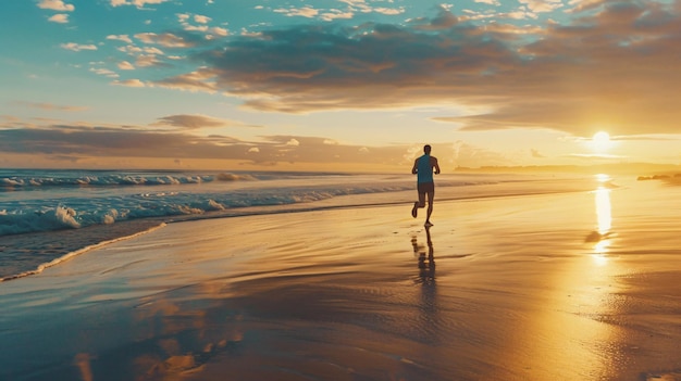 a man running on the beach at sunset