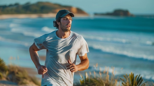 a man running on a beach with the ocean in the background