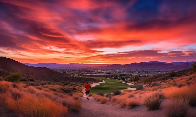 A man running down a hill with a beautiful sunset in the background.