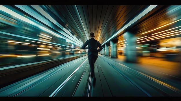 Photo a man running down a street with lights on the side