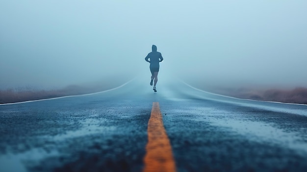 Man running on an empty road on the foggy morning with copy space Generative AI