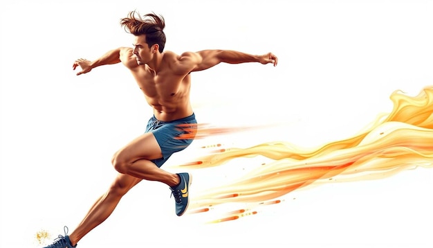 Photo man running fast as fire flame illustration in white background