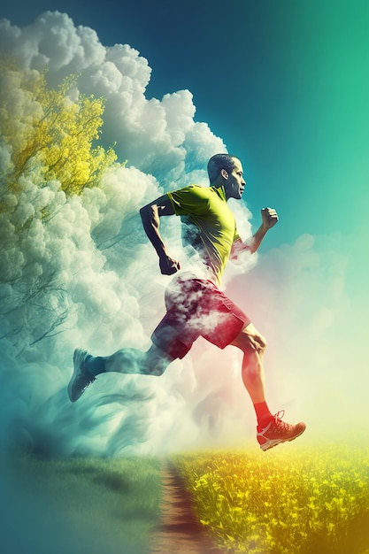 A man running on a field with a poster that says'running '