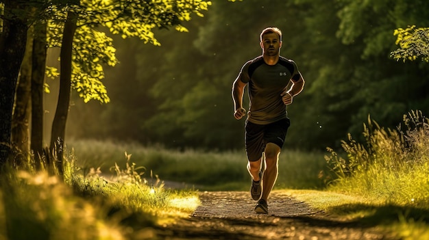 A man running in the forest with the sun shining on his shirt.