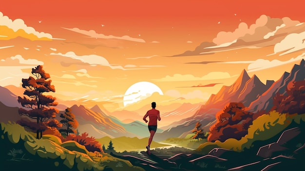 a man running in the mountains with a red background.