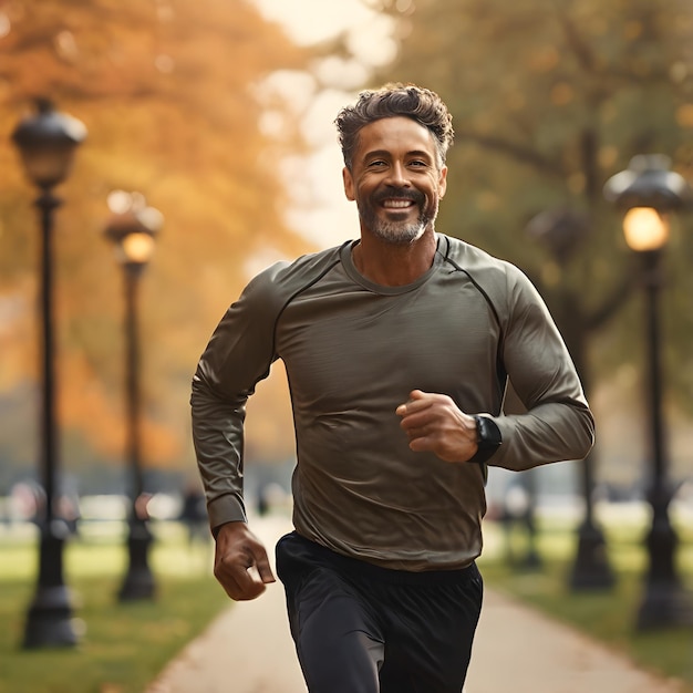 a man running in a park with a watch on his wrist