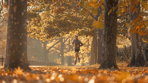 Man running through autumn park with golden leaves