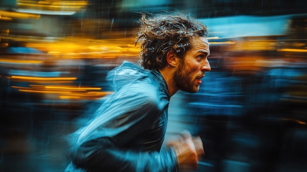 Photo man running through cityscape blur