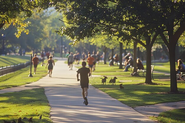 Photo man running through a park