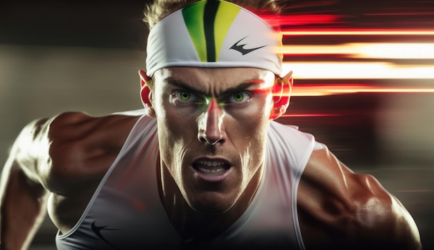 A man running with a white headband and a green eyes.