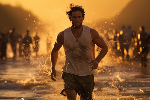 a man runs along the beach towards the camera at sunset Concept sport running lifestyle