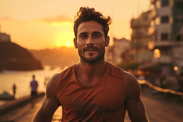 a man runs along the beach towards the camera at sunset Concept sport running lifestyle