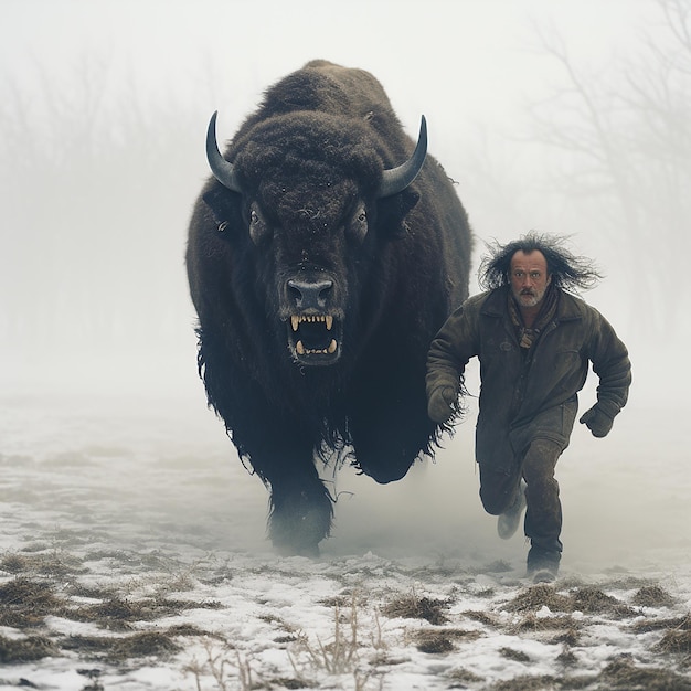 A man runs away from a huge angry predatory bison bull buffalo nightmare danger fear nightmare